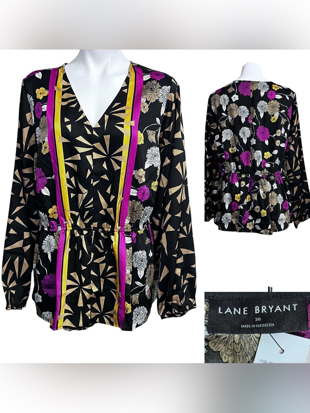 Lane Bryant Wrap Blouse‎ plus sz 20 Black Floral multicolor long sleeve office